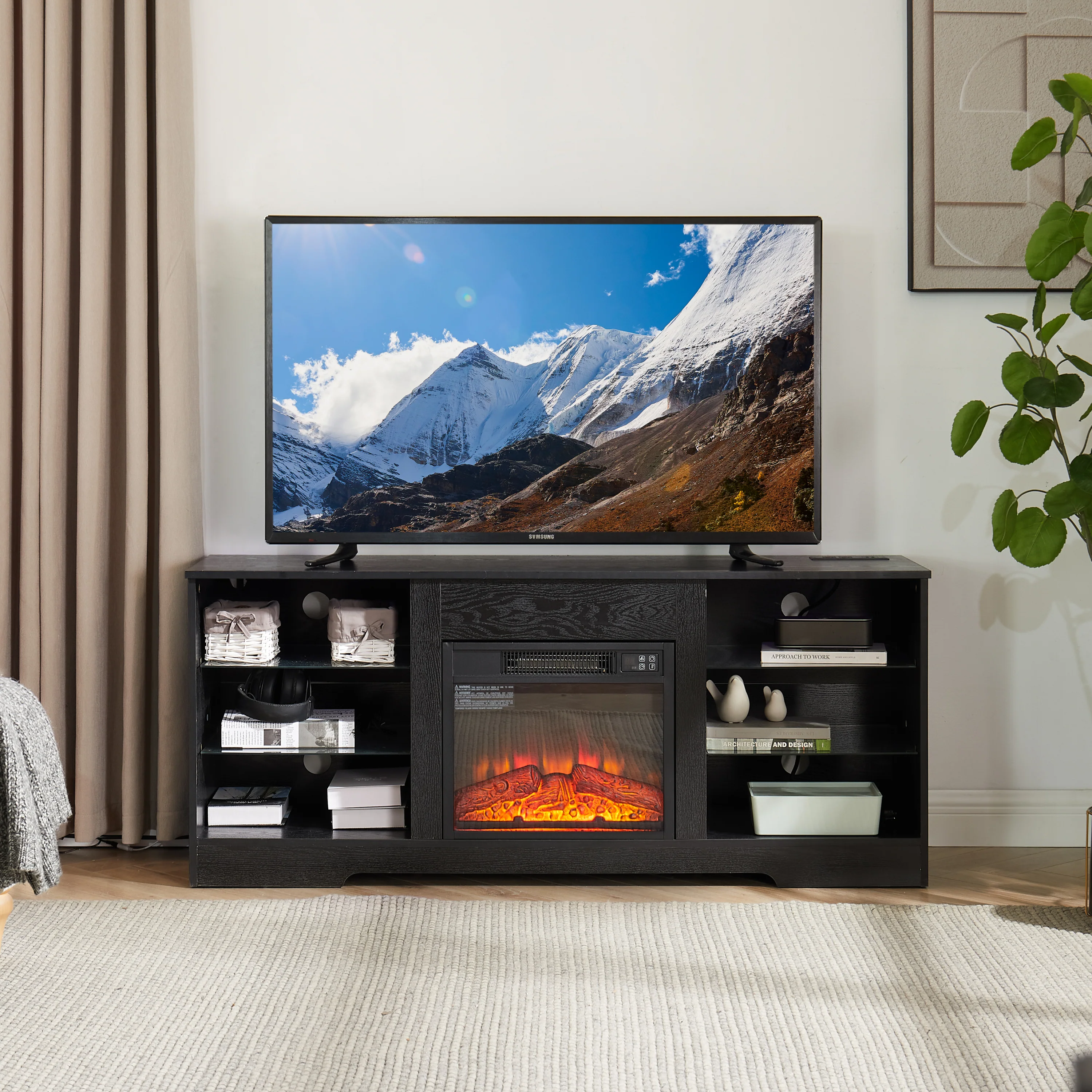 TV Stand Electric Fireplace TV Stand with Glass Shelves, 3D Fireplace TV Stand with LED Lights Wood with USB Charging Outlet Modern Television Table Center for TV up to 32-62' Black 58''W*15.4''D*24.4 - Image 10