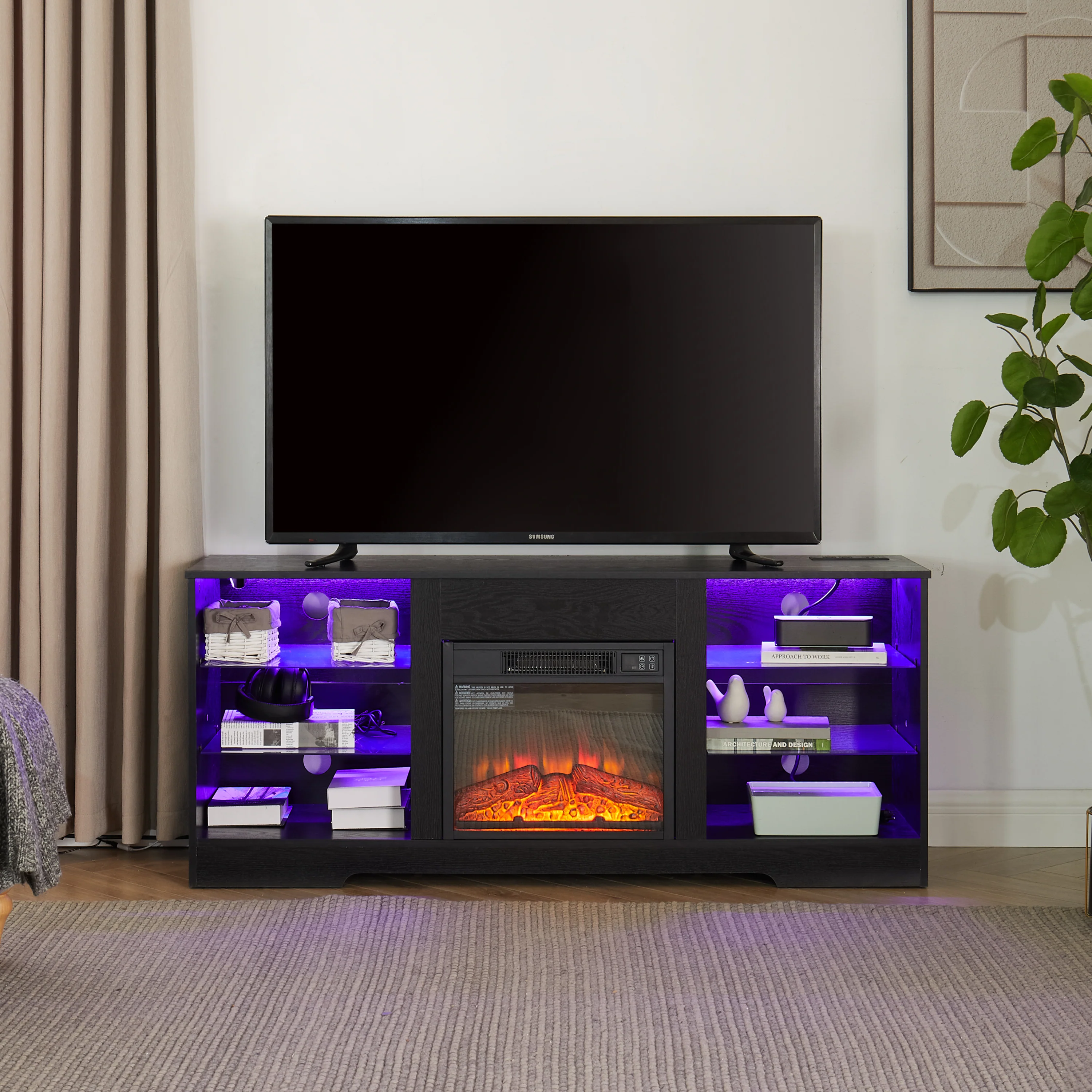 TV Stand Electric Fireplace TV Stand with Glass Shelves, 3D Fireplace TV Stand with LED Lights Wood with USB Charging Outlet Modern Television Table Center for TV up to 32-62' Black 58''W*15.4''D*24.4 - Image 11