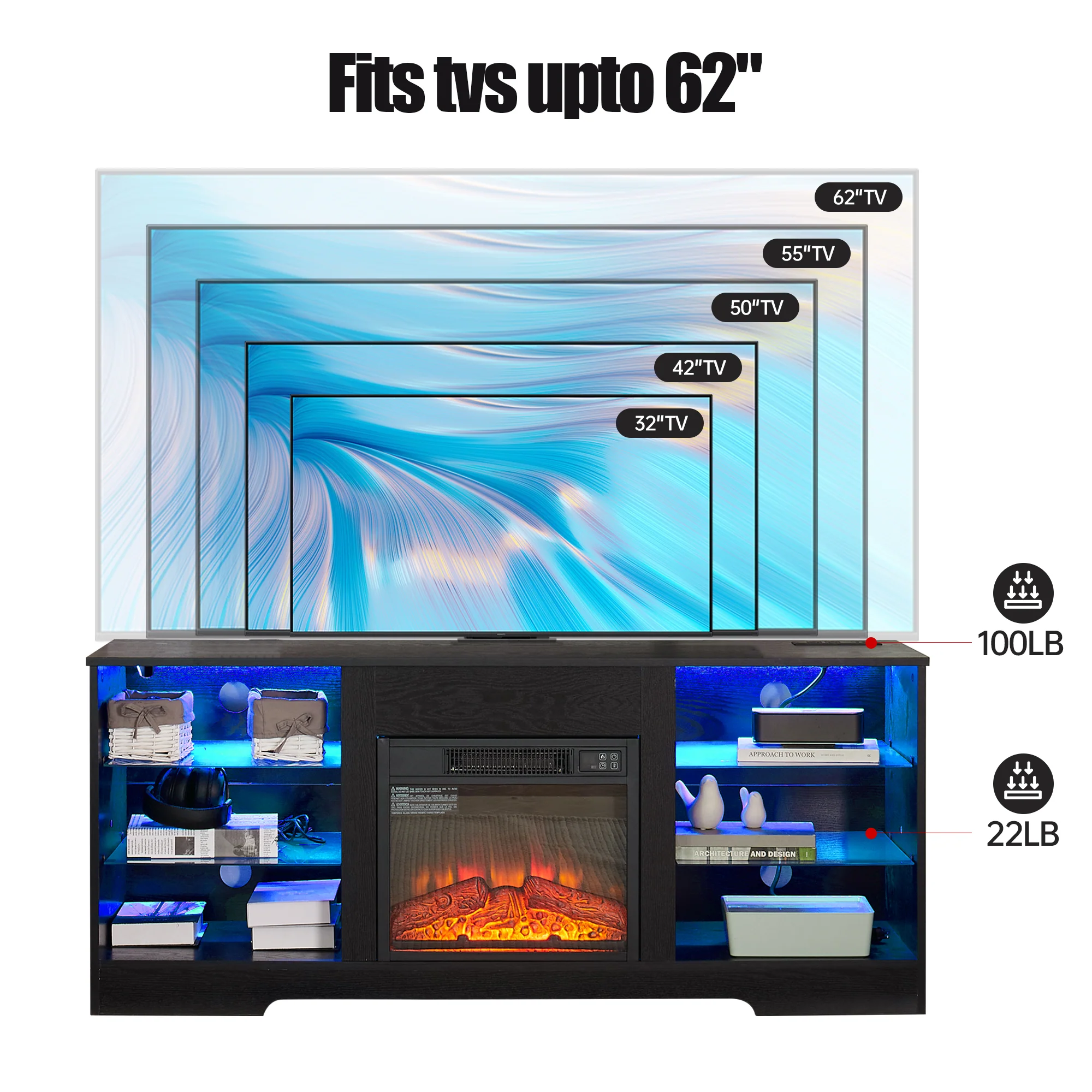 TV Stand Electric Fireplace TV Stand with Glass Shelves, 3D Fireplace TV Stand with LED Lights Wood with USB Charging Outlet Modern Television Table Center for TV up to 32-62' Black 58''W*15.4''D*24.4 - Image 3