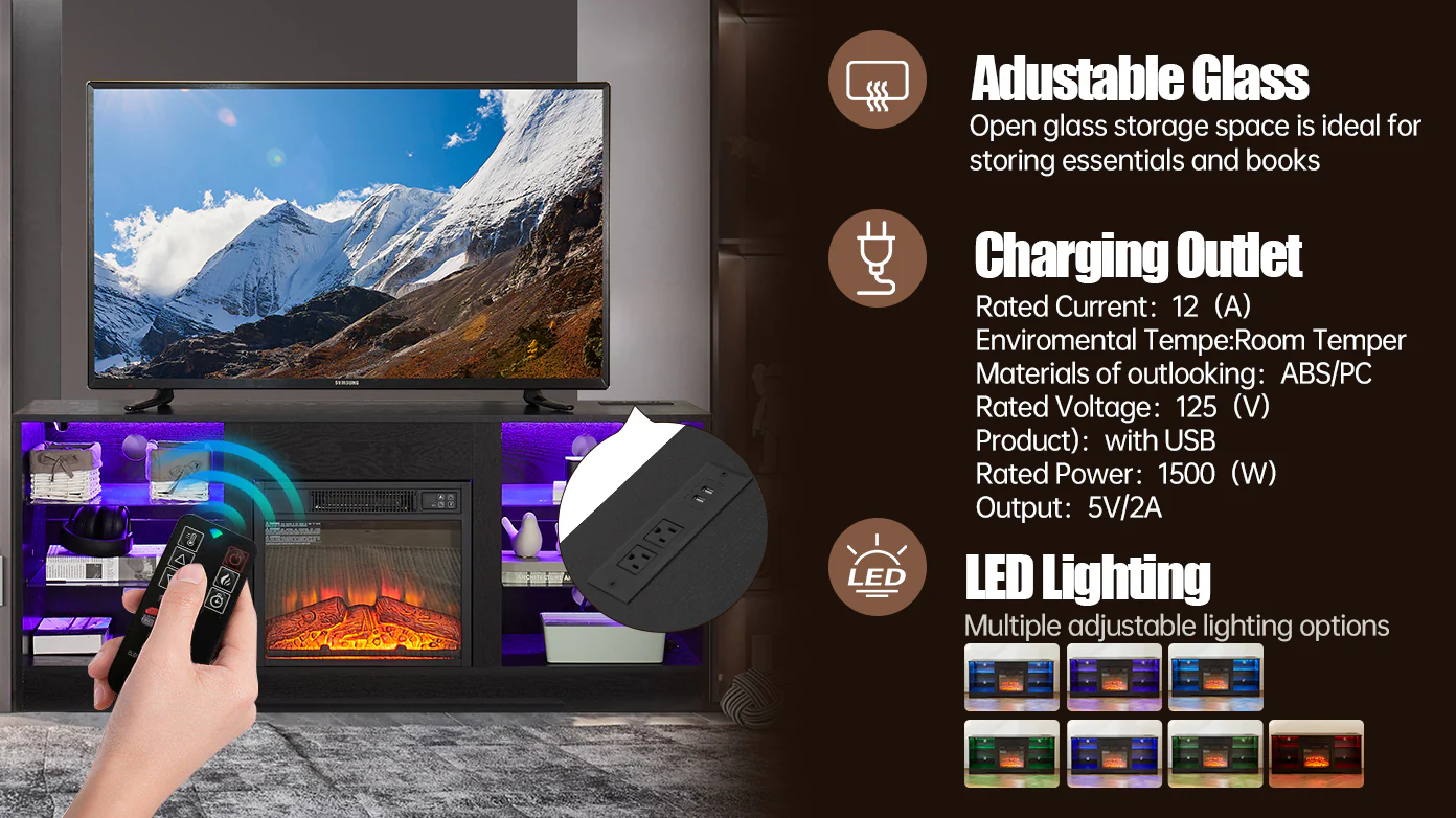 TV Stand Electric Fireplace TV Stand with Glass Shelves, 3D Fireplace TV Stand with LED Lights Wood with USB Charging Outlet Modern Television Table Center for TV up to 32-62' Black 58''W*15.4''D*24.4 - Image 4
