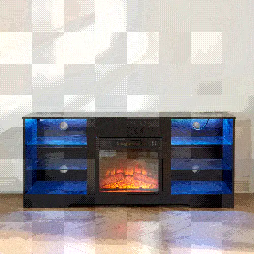 TV Stand Electric Fireplace TV Stand with Glass Shelves, 3D Fireplace TV Stand with LED Lights Wood with USB Charging Outlet Modern Television Table Center for TV up to 32-62' Black 58''W*15.4''D*24.4 - Image 9