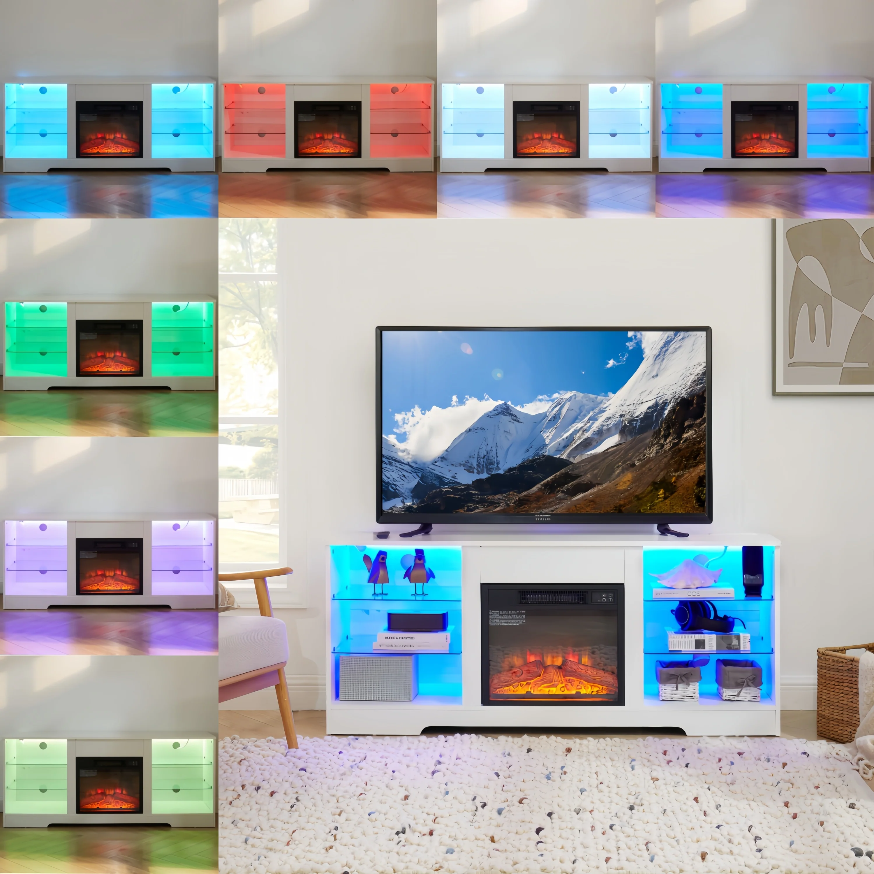 TV Stand Electric Fireplace TV Stand with Glass Shelves, 3D Fireplace TV Stand with LED Lights Wood with USB Charging Outlet Modern Television Table Center for TV up to 32-62' White 58''W*15.4''D*24.4 - Image 18