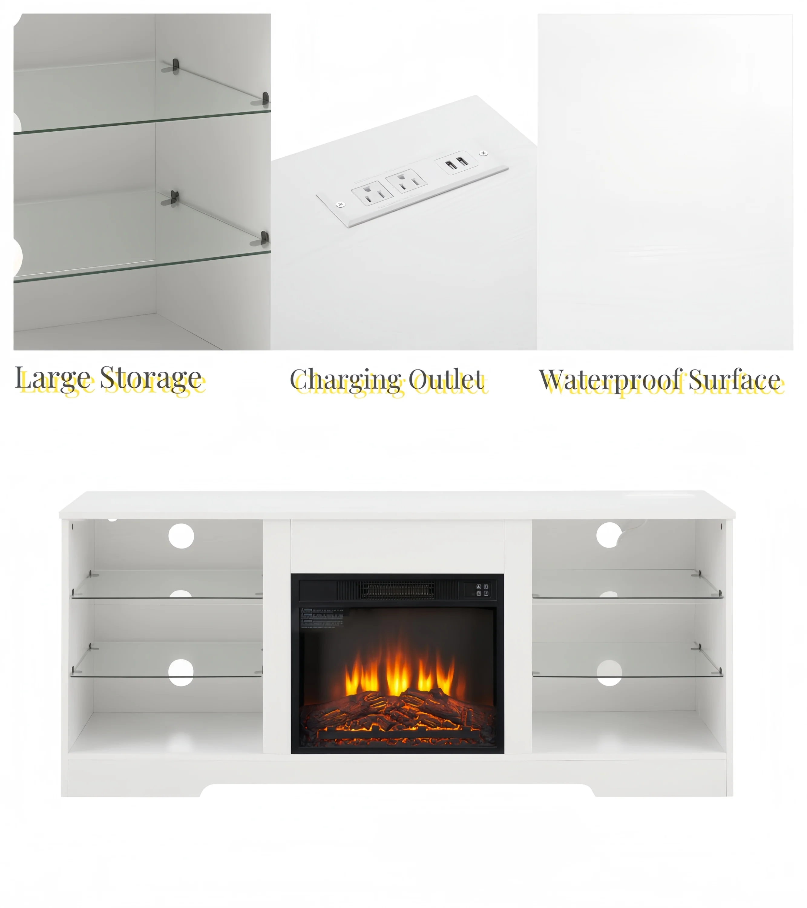 TV Stand Electric Fireplace TV Stand with Glass Shelves, 3D Fireplace TV Stand with LED Lights Wood with USB Charging Outlet Modern Television Table Center for TV up to 32-62' White 58''W*15.4''D*24.4 - Image 20