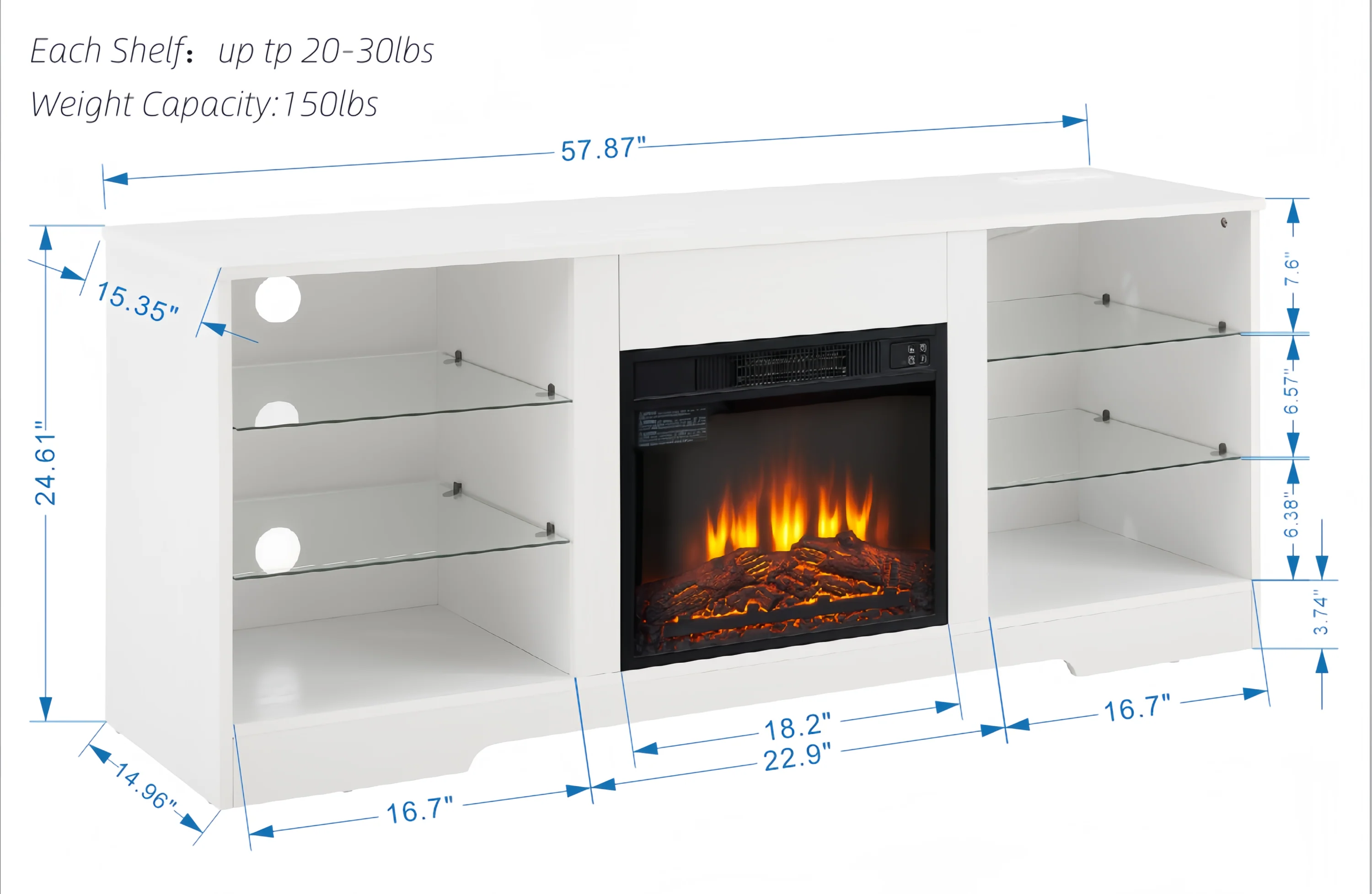 TV Stand Electric Fireplace TV Stand with Glass Shelves, 3D Fireplace TV Stand with LED Lights Wood with USB Charging Outlet Modern Television Table Center for TV up to 32-62' White 58''W*15.4''D*24.4 - Image 27