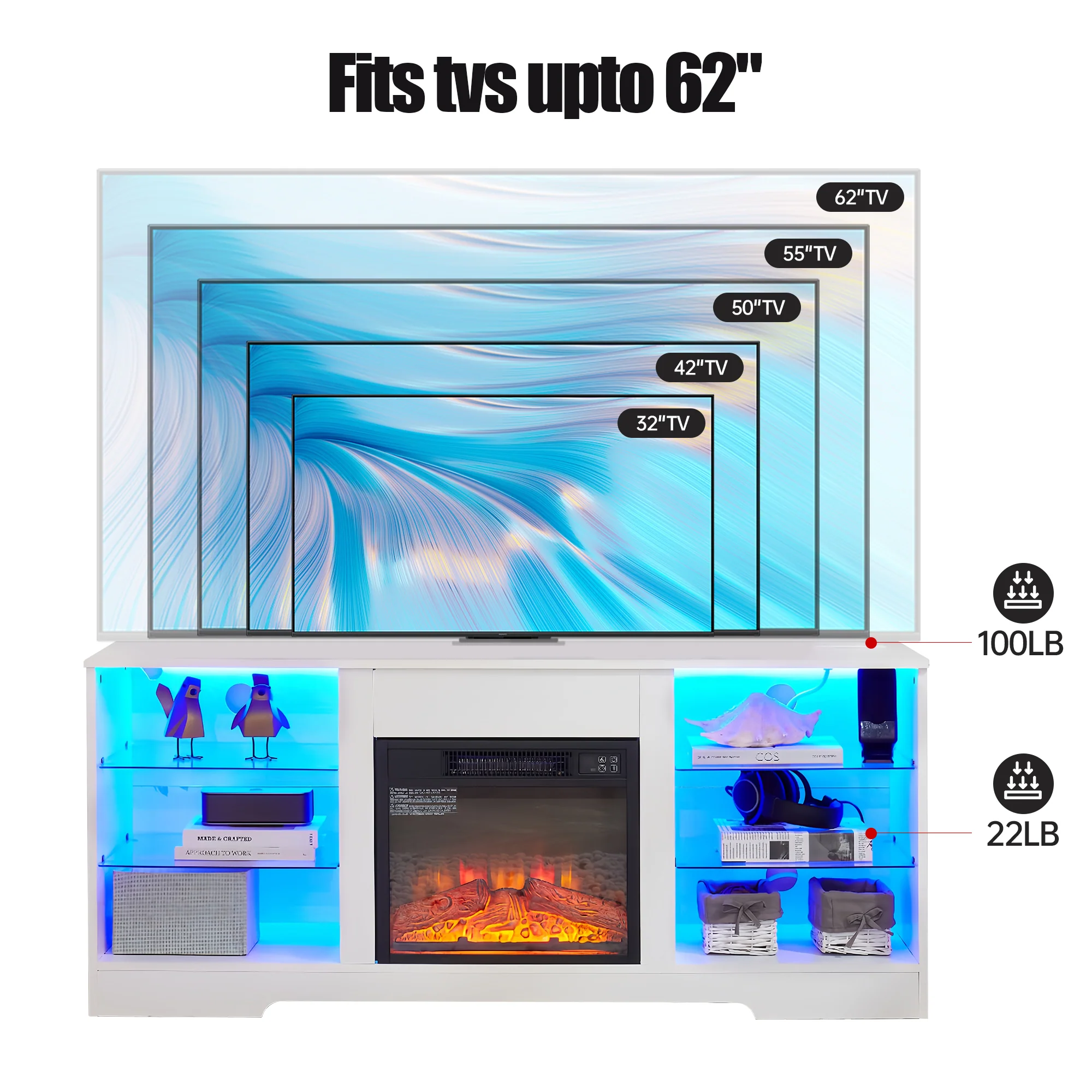 TV Stand Electric Fireplace TV Stand with Glass Shelves, 3D Fireplace TV Stand with LED Lights Wood with USB Charging Outlet Modern Television Table Center for TV up to 32-62' White 58''W*15.4''D*24.4 - Image 3