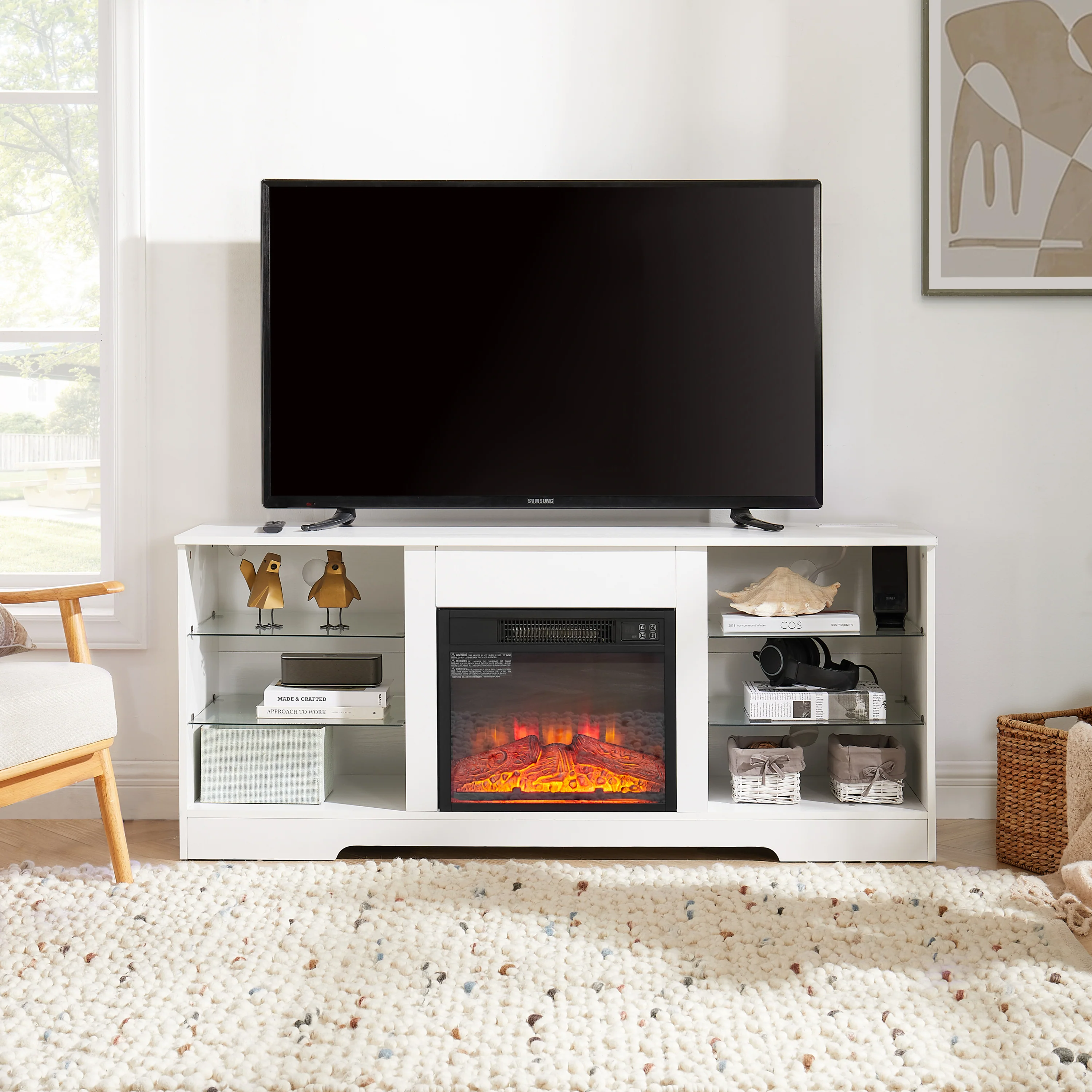 TV Stand Electric Fireplace TV Stand with Glass Shelves, 3D Fireplace TV Stand with LED Lights Wood with USB Charging Outlet Modern Television Table Center for TV up to 32-62' White 58''W*15.4''D*24.4 - Image 4