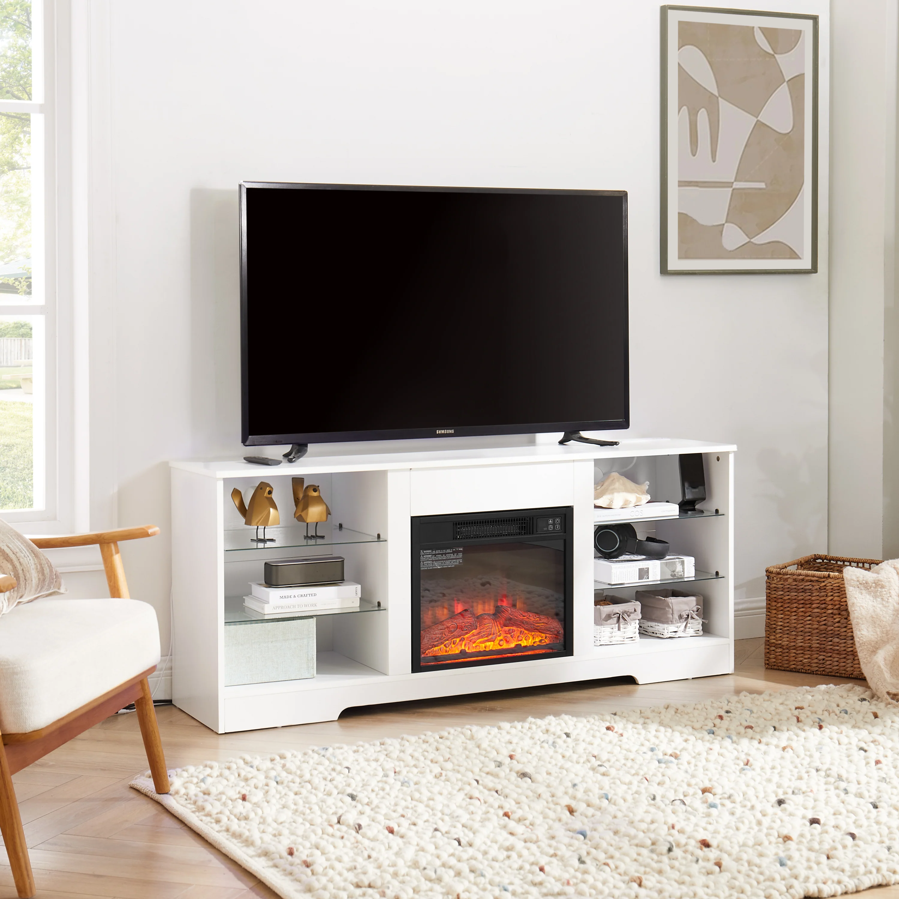 TV Stand Electric Fireplace TV Stand with Glass Shelves, 3D Fireplace TV Stand with LED Lights Wood with USB Charging Outlet Modern Television Table Center for TV up to 32-62' White 58''W*15.4''D*24.4 - Image 5
