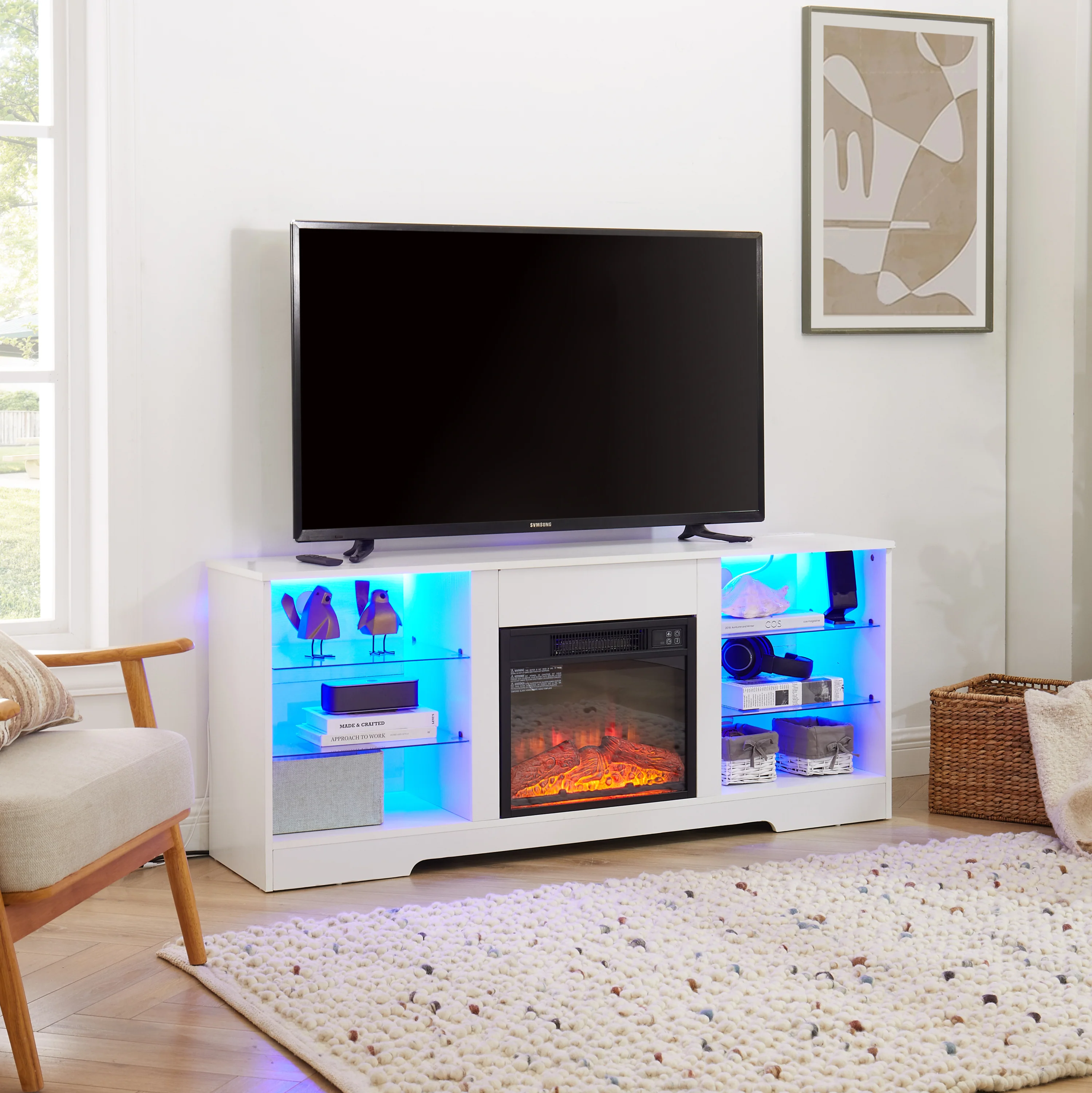 TV Stand Electric Fireplace TV Stand with Glass Shelves, 3D Fireplace TV Stand with LED Lights Wood with USB Charging Outlet Modern Television Table Center for TV up to 32-62' White 58''W*15.4''D*24.4 - Image 6