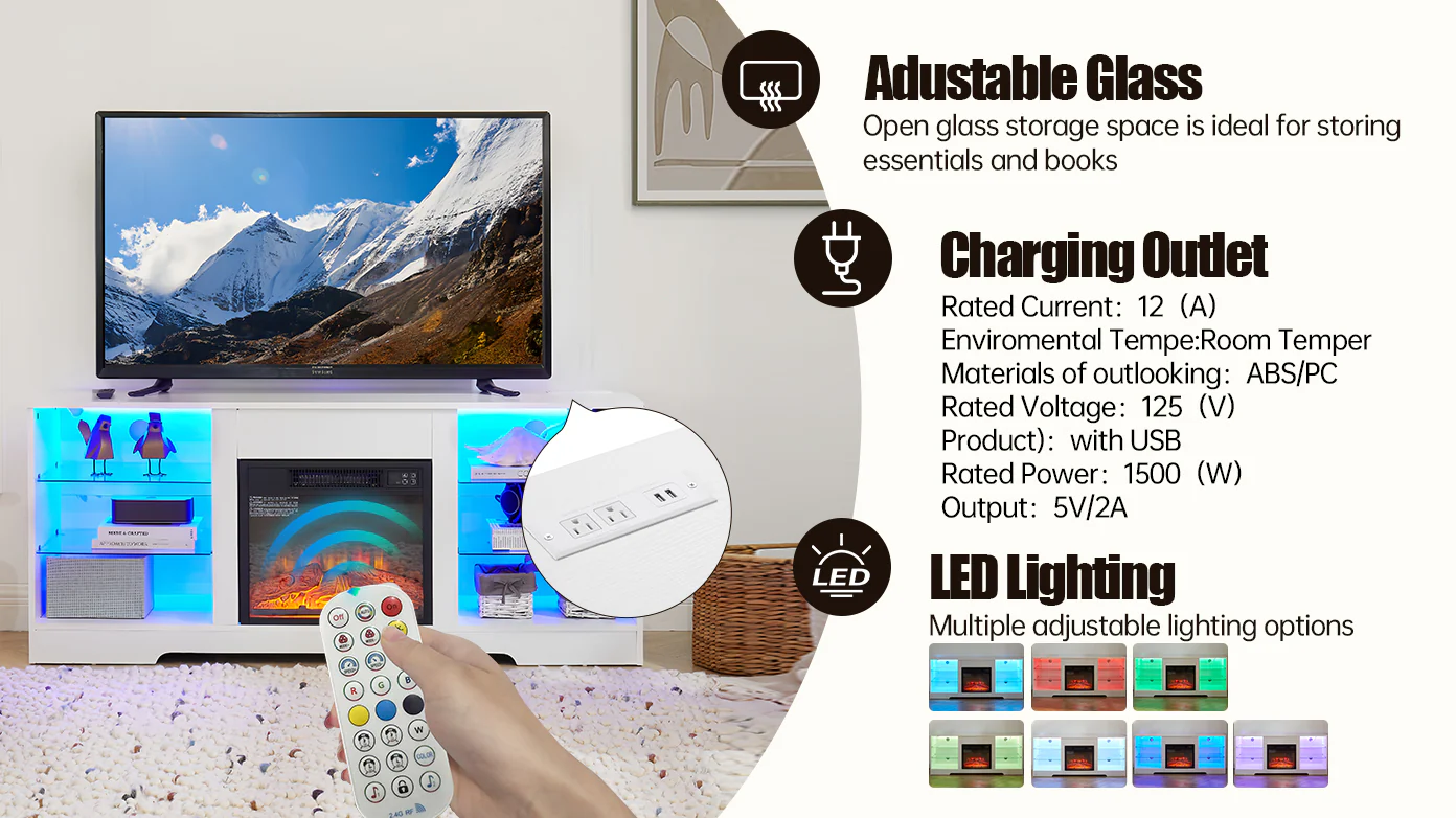 TV Stand Electric Fireplace TV Stand with Glass Shelves, 3D Fireplace TV Stand with LED Lights Wood with USB Charging Outlet Modern Television Table Center for TV up to 32-62' White 58''W*15.4''D*24.4 - Image 8