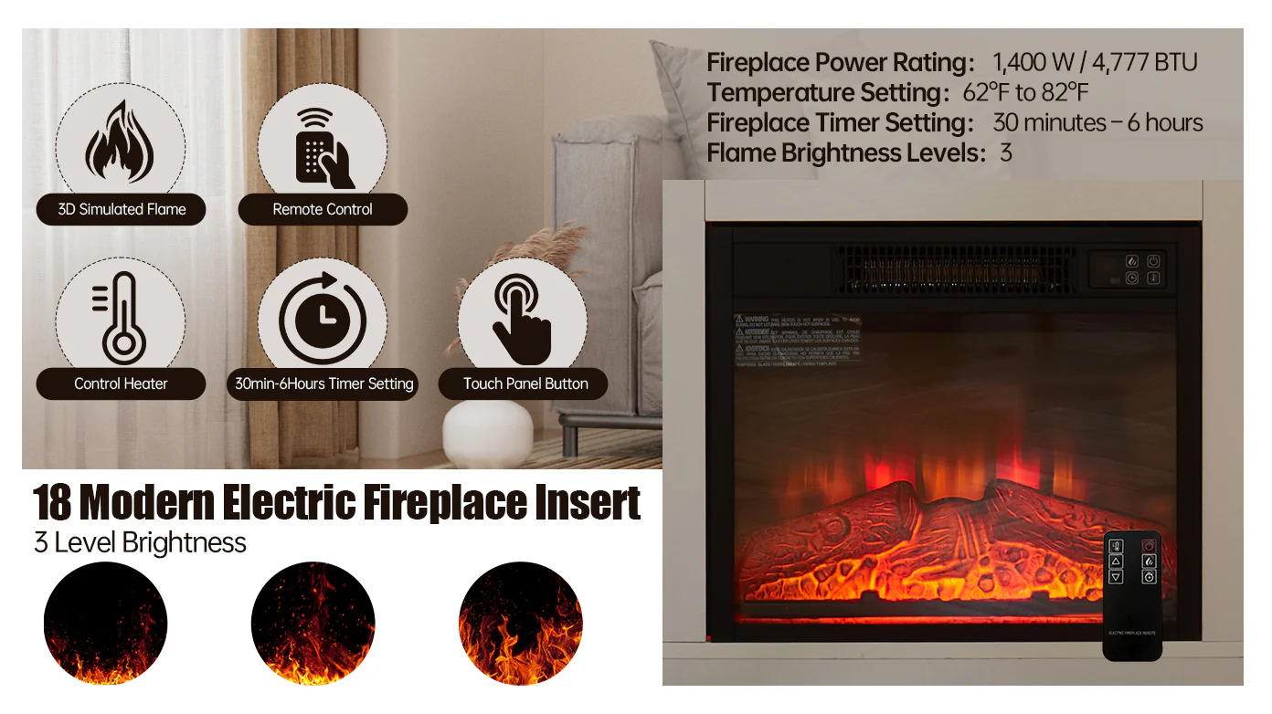 TV Stand Electric Fireplace TV Stand with Glass Shelves, 3D Fireplace TV Stand with LED Lights Wood with USB Charging Outlet Modern Television Table Center for TV up to 32-62' White 58''W*15.4''D*24.4 - Image 9