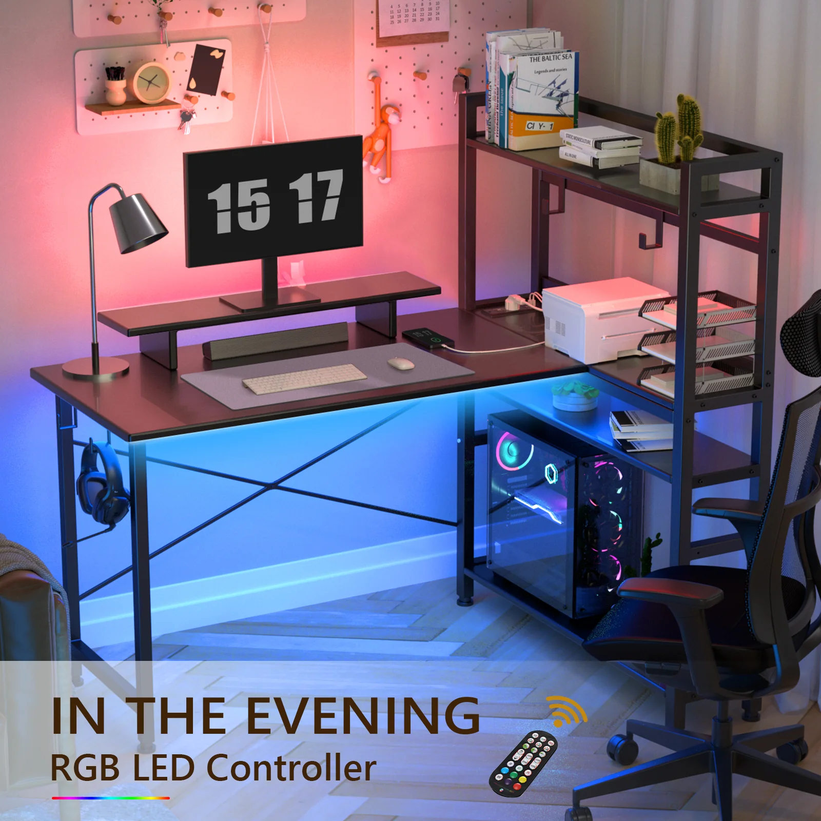 L-Shaped LED Gaming Desk with Monitor Stand - Image 23