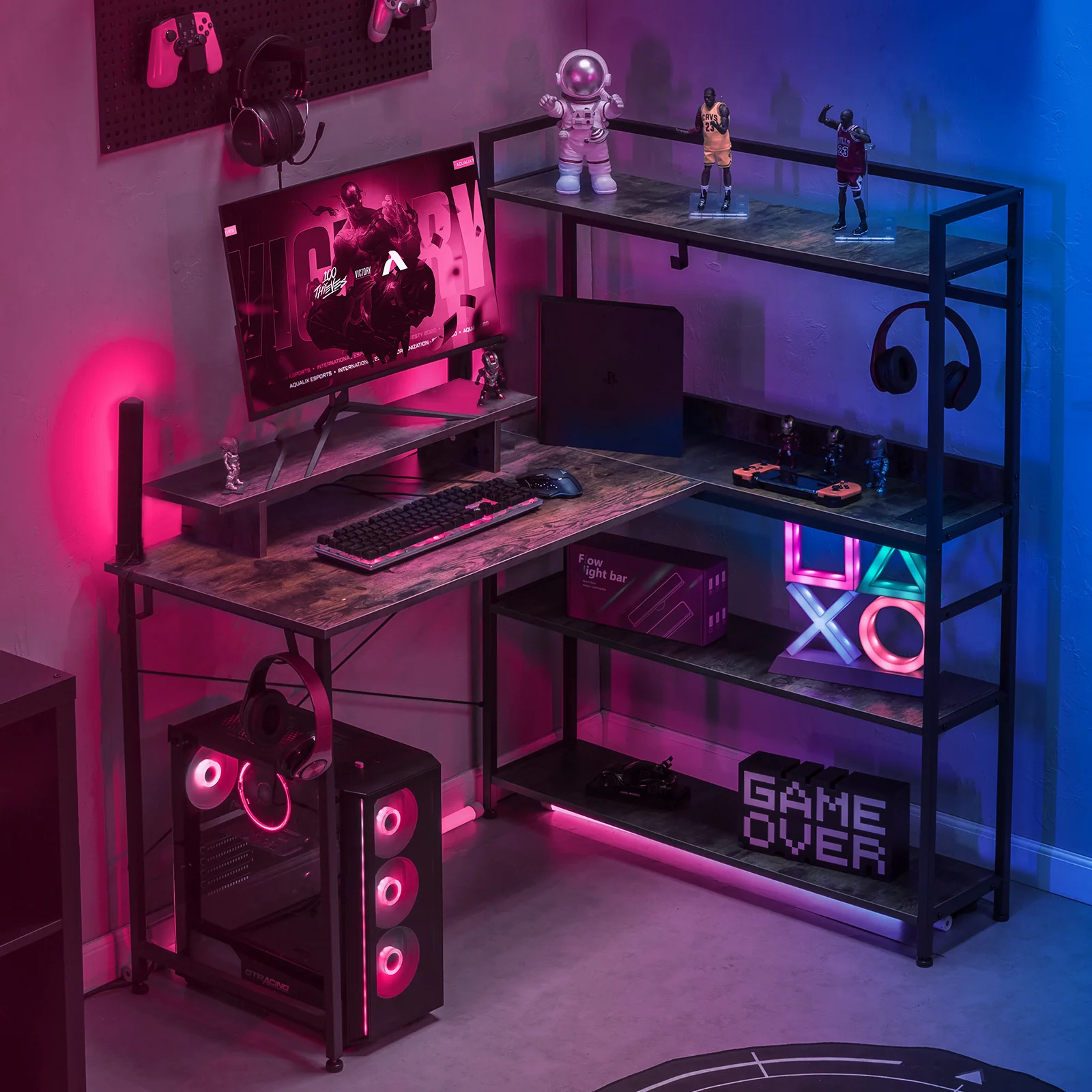 L-Shaped LED Gaming Desk with Monitor Stand - Image 31