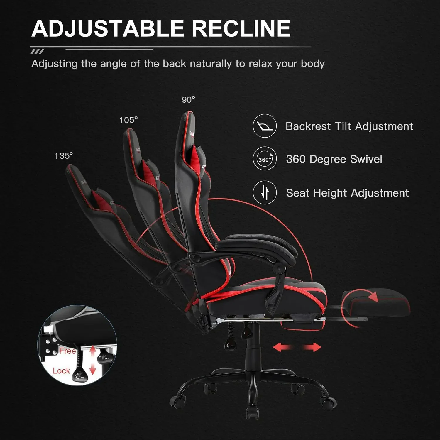 GTRACING GTWD-200 Gaming Chair with Footrest, Adjustable Height, and Reclining, Red - Image 4