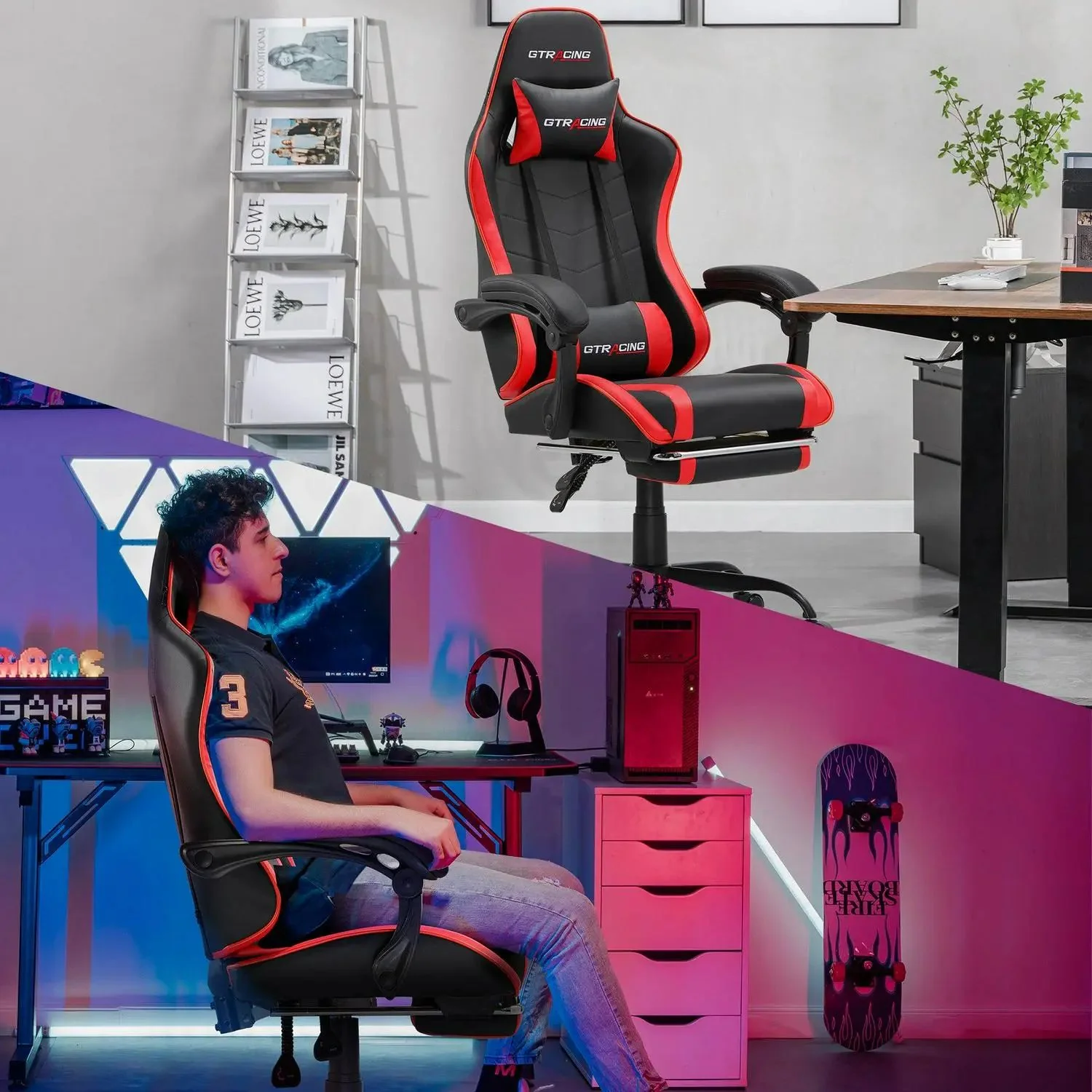 GTRACING GTWD-200 Gaming Chair with Footrest, Adjustable Height, and Reclining, Red - Image 5