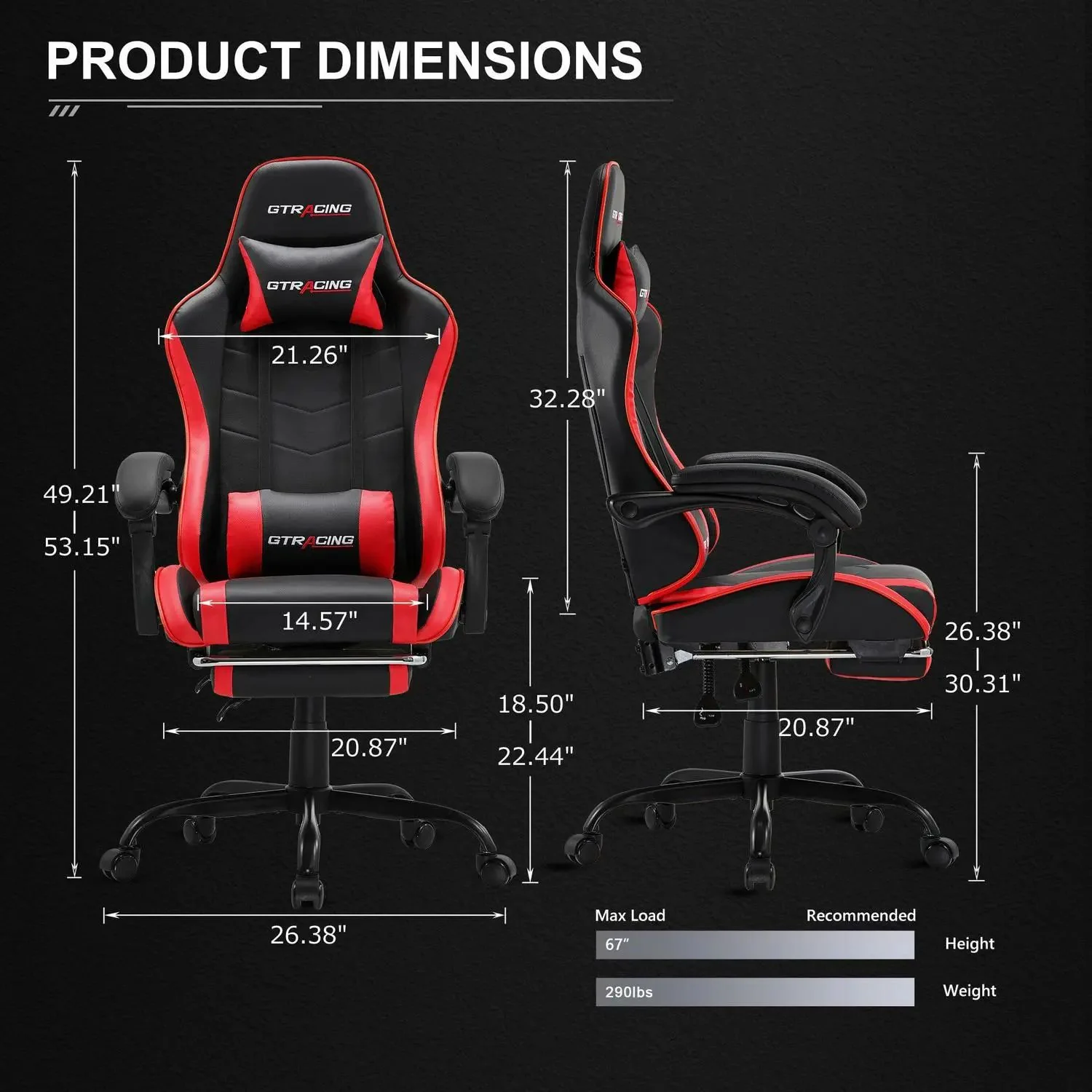GTRACING GTWD-200 Gaming Chair with Footrest, Adjustable Height, and Reclining, Red - Image 6